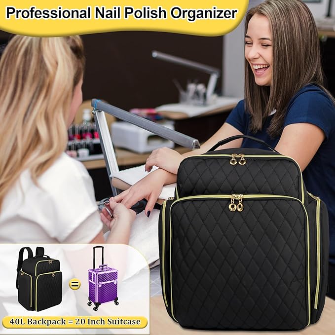 Nail Polish Organizer Backpack Holds 126 Bottles& Nail Lamp, Extra Large Nail Kit Supplies Organizer Bag with 3 Removable Cases, Portable Nail Organizers and Storage for Travel (Pure Black)