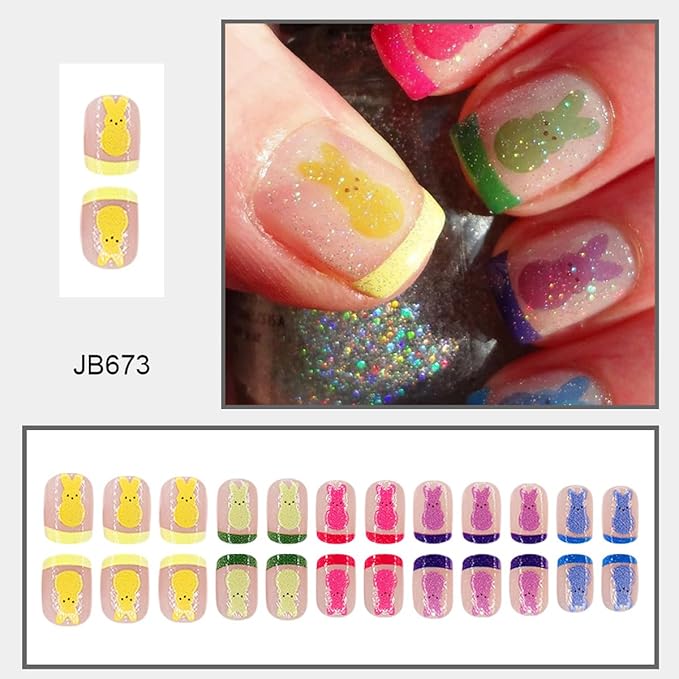 Easter Press on Nails Colorful French Tip Fake Nails with Bunny Designs Glitter Short Square False Nails Press ons Reusable Artificial Nail Full Cover Stick on Nails for Women Manicure 24Pcs