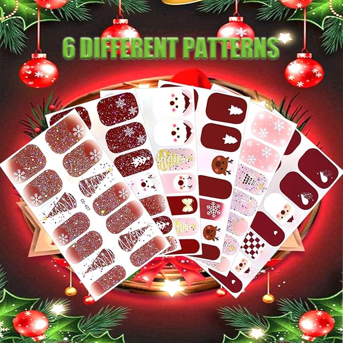 6 Sheets Christmas Gel Nail Strips 3D White Snowflake Wrap Toenail Stickers Cute Snowflake Xmas Tree Snowmen Elk Winter Nail Design Full Cover Holiday Nail Polish Stickers for Women Acrylic Nails DIY