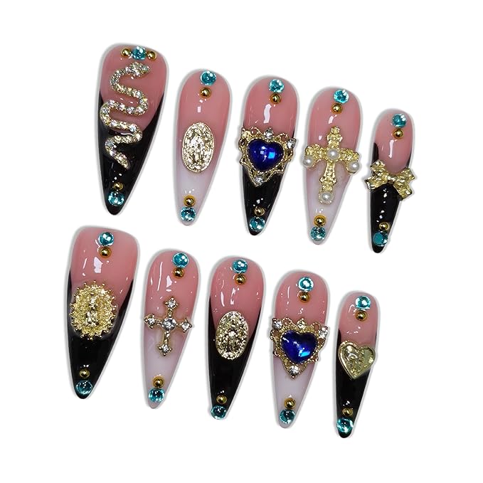 Black French Tip Press on Nails with 3D Metal Snake, Cross Charms & Rhinestones, Long Stiletto Glossy Iced Edgy Chic Fake Nails, Reusable Gothic Glam False Nails for Women Party (Size L)