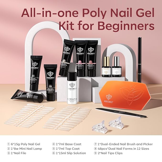 modelones Poly Gel Nail Kit 6 Colors with 8 W Nail Lamp Poly Extension Gel Clear Nude Pink Black Glitter Complete Starter Kit for Beginner DIY Salon Quality Manicures
