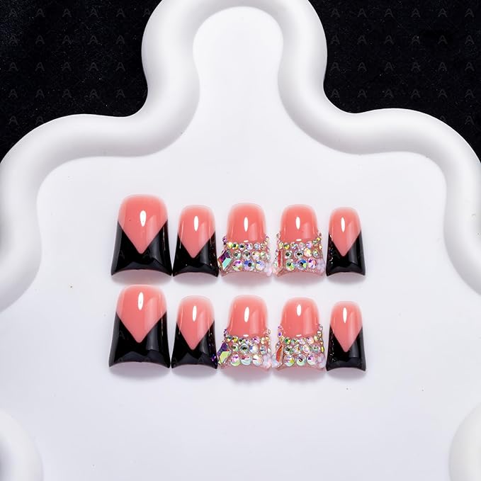 10 Pieces Luxury Y2K Acrylic Press On Nails Short Handmade Duck Nails, Black Thickened French False Nails With Bling Rhinestones, Reusable Fake Nails, Acrylic Nails (S)