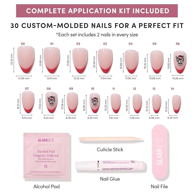 Glamnetic x Fanatics Press On Nails - NC State Wolfpack | Short Almond Fake Nails, Collegiate Wolfpack Red French Tips, College Nails, Salon-Quality | 15 Sizes - 30 Nail Kit with Glue