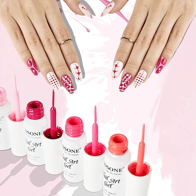 JODSONE Nail Art Gel Liner Set 10 Colors Pink Collection Gel Nail polish Need U V Lamp Cured at Home Salon Design Valentines Gifts for Women & Girls