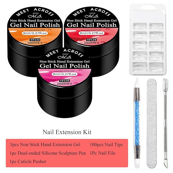 MEET ACROSS Solid Builder Gel for Nails, 3 Colors Solid Builder Non-Sticky Pink Rose Orange Hard Gel for Nails 3D Sculpture Nail Extension Kit