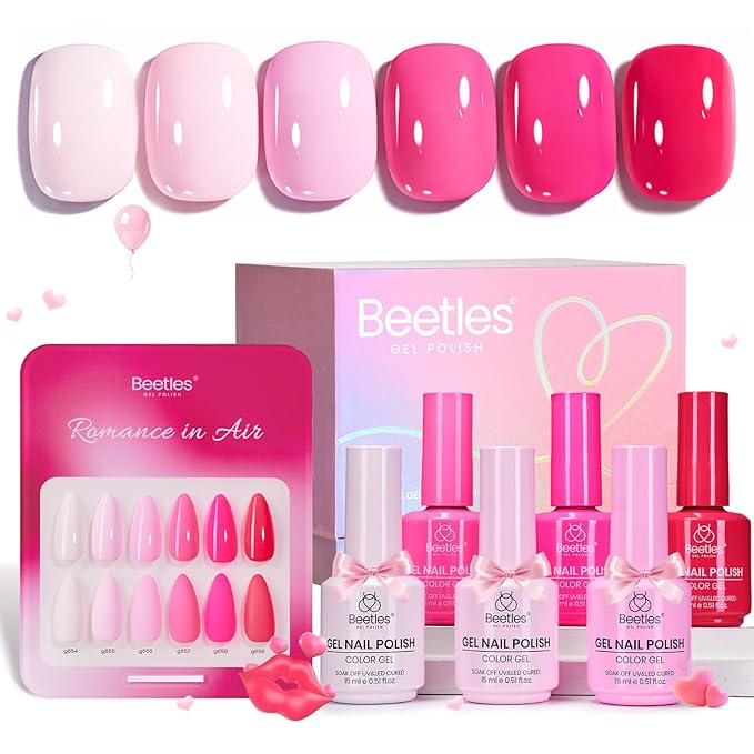 beetles Valentines Pink Gel Polish Set - Romance in Air Collection, 15Ml Bright Neon Light Hot Pink Spring Colors Soak Off Gel Polish Kit Nail Art Manicure Salon DIY at Home