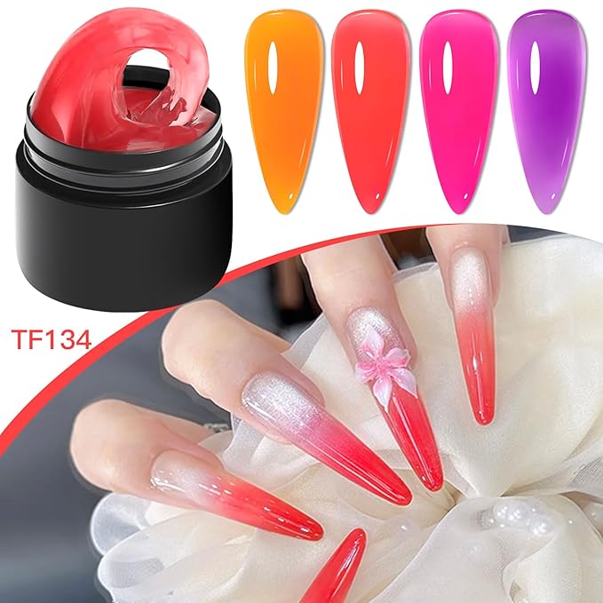 MEET ACROSS 9Pcs 3D Builder Gel Kit for Nail Art Hot Pink Orange Purple Non Sticky Hand Carving Extension Solid Builder Gel for Nails with Silicone Pen Manicure Kit 4 Colors