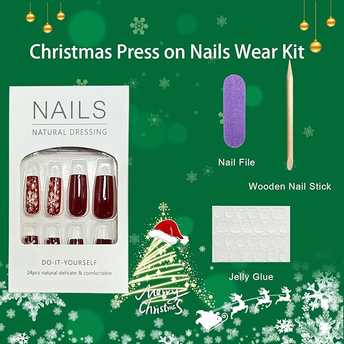 Christmas Press on Nails Medium Square Fake Nails with Snowflake Elk Designs Red Xmas False Nails Winter Stick on Nail for Women 24 Pcs