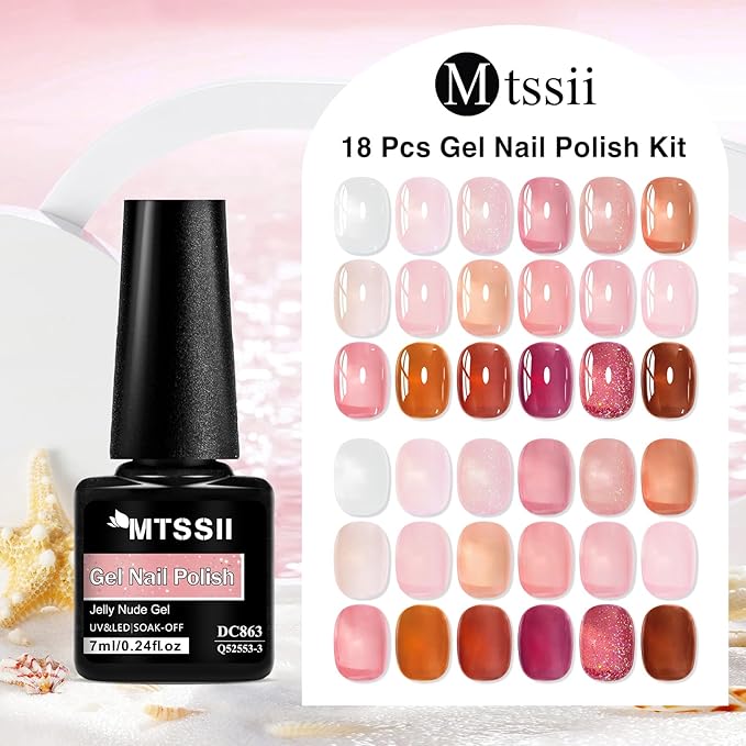 MTSSII 18 Pcs Jelly Gel Nail Polish Set, Pink Nude Sheer White Red Glitter Nail Polish Kit Translucent Soak Off UV Gel Long Lasting Suitable for Home and Salon