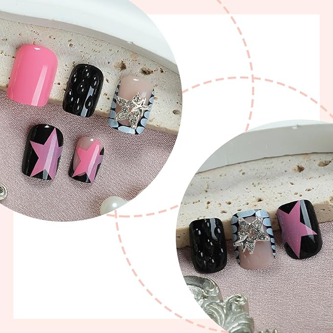 Square Press on Nails Short Fake Nails with Designs Stars Rhinestone Stick on Nail Pink Stars Acrylic False Nail Glossy Artificial Nail Full Cover Glue on Nails for Women