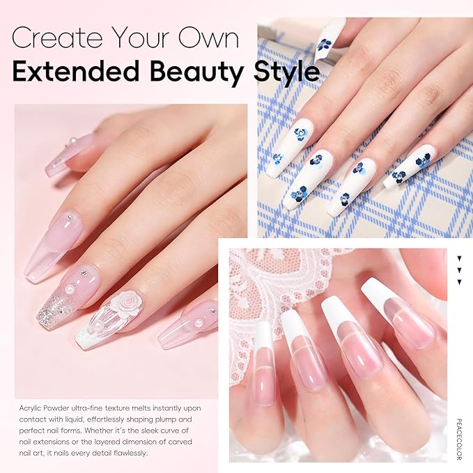 Acrylic Nail kit Starter Set 3Pcs Acrylic Powder with U V Light 12Pcs Glitter Powders 100Pcs Fake Tips Nail Art Home Gifts for Women