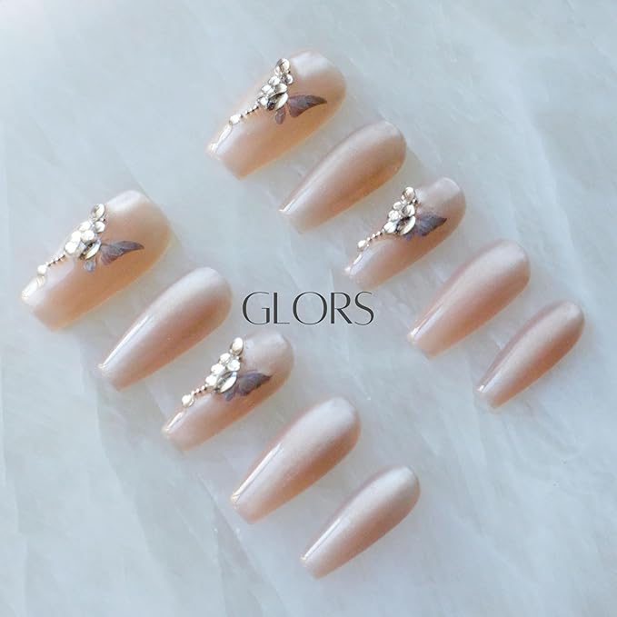 Press On Nails, Long Ballerina Coffin Shape, Nude Pink with Butterfly Rhinestone Design, Handmade False Nail 10 Pieces (Small,LB)
