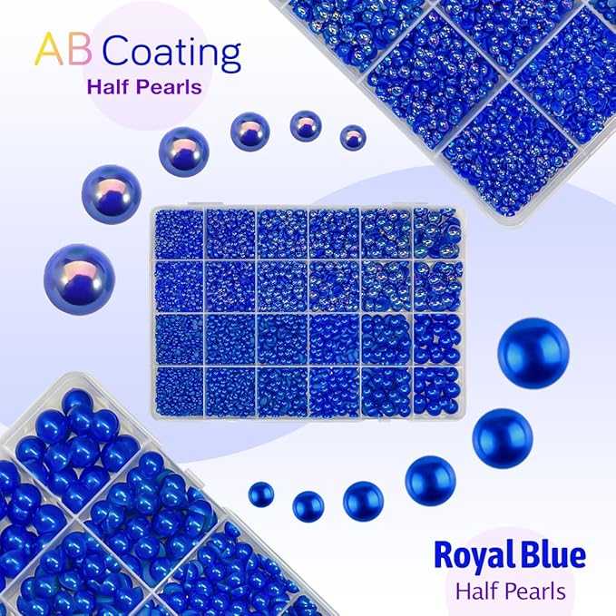 2 Styles Solid Blue+Royal Blue AB Flatback Pearls w B7000 Glue for Bedazzling Crafting 3mm-10mm Half Round Beads Gems Bedazzler Kit for Nails Face Eyes Makeup Tumblers Bottles DIY Crafts Shoes