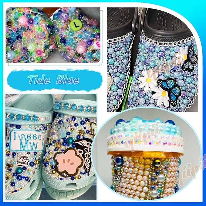 2 Styles Solid Blue+Royal Blue AB Flatback Pearls w B7000 Glue for Bedazzling Crafting 3mm-10mm Half Round Beads Gems Bedazzler Kit for Nails Face Eyes Makeup Tumblers Bottles DIY Crafts Shoes