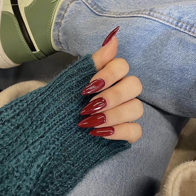 Red Wine Press On Almond Shaped Medium Nails - Neutral Acrylic, Reusable Fake Nails for Women Girls, Glue On Stiletto False Nails, Soft Gel Artificial