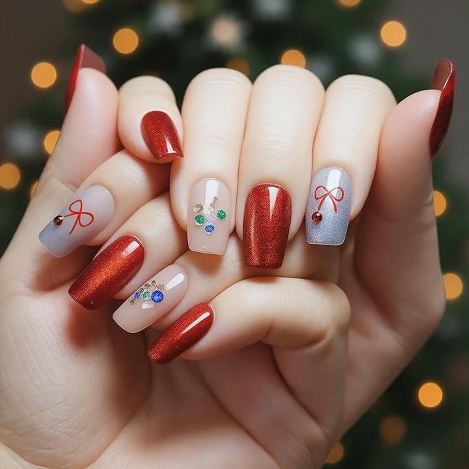 Valentine Red Press on Nails Short Coffin - Red Cat Eye & Glitter Blue with Bow Multi-colored Decorative Accents New Year Fake Nails for Winter Holiday(Holiday Wishes,S)