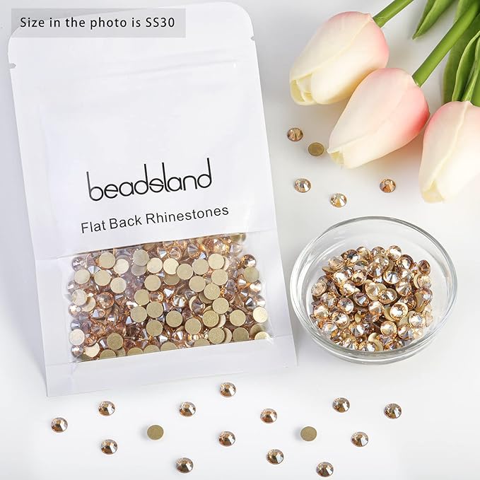 Beadsland 576pcs Flat Back Crystal Rhinestones Round Gems for Nail Art and Craft Glue Fix, Golden Shadow, SS30,6.3-6.5mm