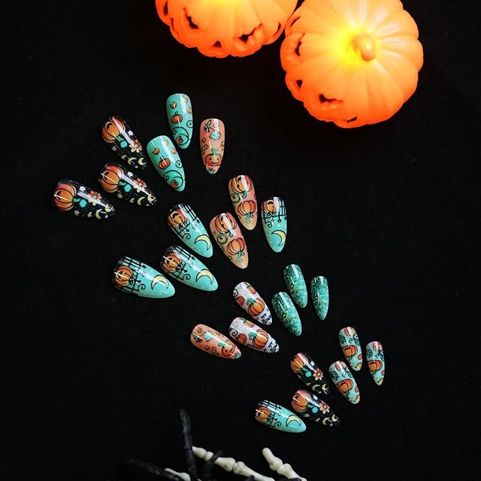 Halloween Press on Nails with Stars Moon and Pumpkin Pattern, Almond Fake Nails, Glossy False Nails, Full Cover Acrylic Stick on Nails for Women DIY Manicure Decoration 24 Pcs