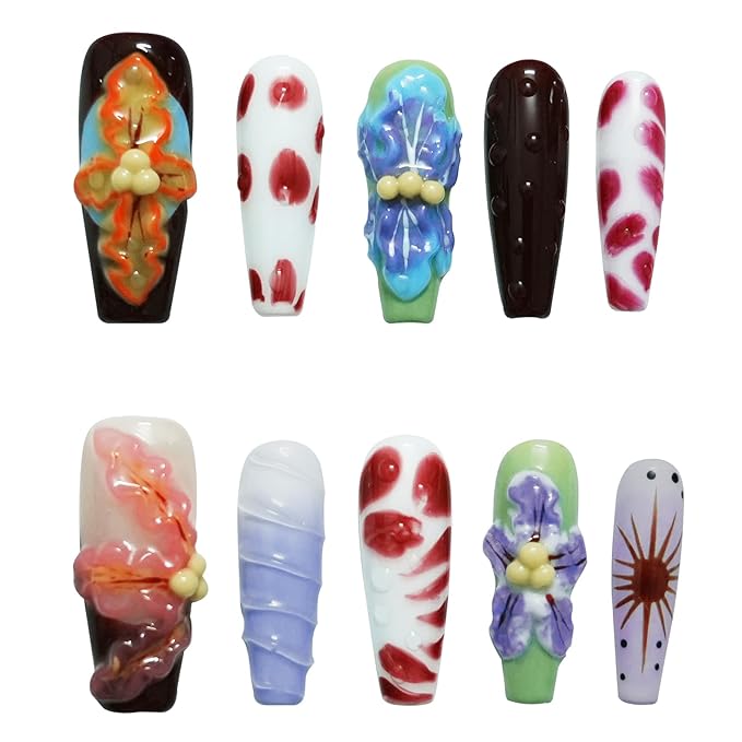 Long Coffin Press On Nails with 3D Floral Design - Summer Multicolor Thick Luxury False Nails Reusable Acrylic Nails (Summer Stories,M)