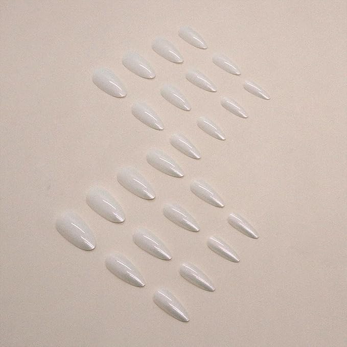 White Press on Nails - Medium Almond Fake Nails - with Designs Pearl White False Nails Press ons - Glue on Nails Chrome - Cute Acrylic Nail Artificial Stick on Nail for Women 24Pcs