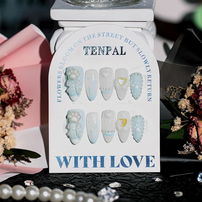 Sky Blue Press on Nails Medium Almond,Full Cover Fake Nails With 3D Charms Bow Pearls Love Designs,10pcs/Box Handmade Sweet Cool Cute Short Nails Press ons For Women Girls(XS)