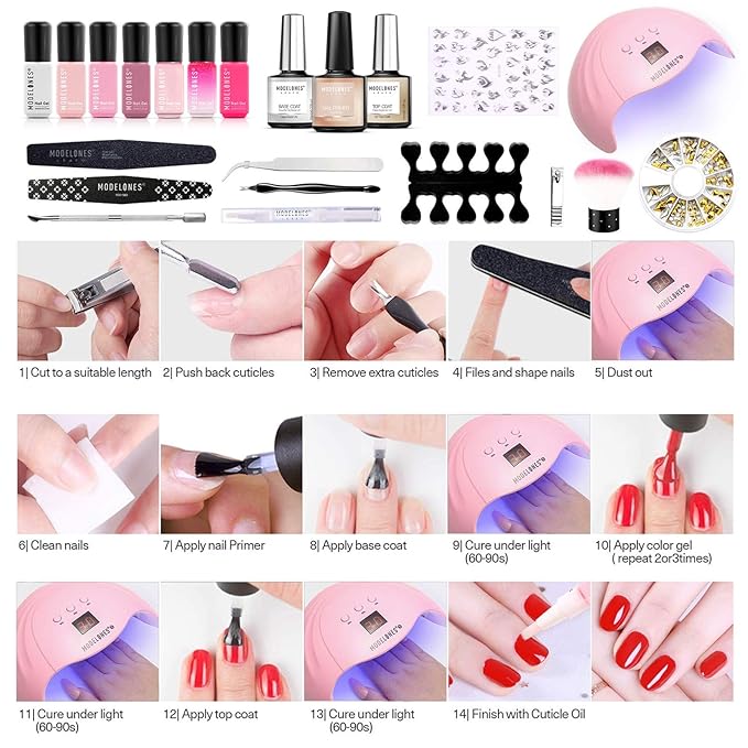 modelones Poly Gel Nail Kit 6 Colors with 8 W Nail Lamp Extension Gel Kit Clear Red Golden Complete Tools Beginner Thickening Solutions DIY at Home for Women