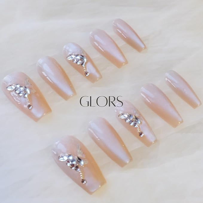 Press On Nails, Long Ballerina Coffin Shape, Nude Pink with Butterfly Rhinestone Design, Handmade False Nail 10 Pieces (Small,LB)