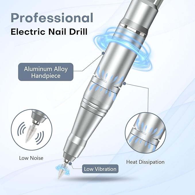 Nail Drill Electric Nail File Kit 45000 RPM Professional Efile Nail Set,Cordless Portable Rechargeable Acrylic Gel Nail Polish Remover Machine Pedicure Manicure Tool for Salon Home White