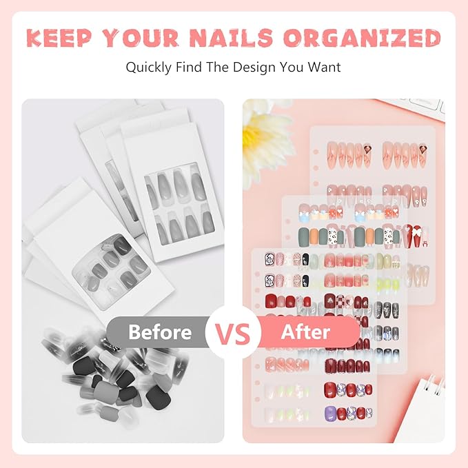 KEIFIN 6 PCS Blank Refill Sheets for Press On Nail Storage Organizer Binder A5 Plastic Insert Pages for Fake Nail Swatch Container Book Polish Color Display Holder with 60 Pcs Tape Strips (CLEAR)