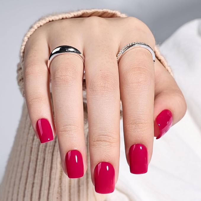 Press on Nails - Short Square Rose Pink Nails Press ons for Women, Reusable Glossy Finish Glue On Nails 30 Pcs 15 Sizes Fake Nails Kit with Glue, Berry Rose