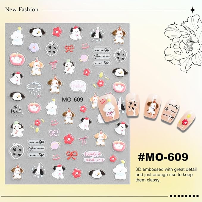 6 Sheets Cute Cat Dog Nail Stickers for Nail Art Adorable Kitty Bow Designs 3D Embossed Self Adhesive Nail Decals for Women DIY Manicure Decoration YX1234