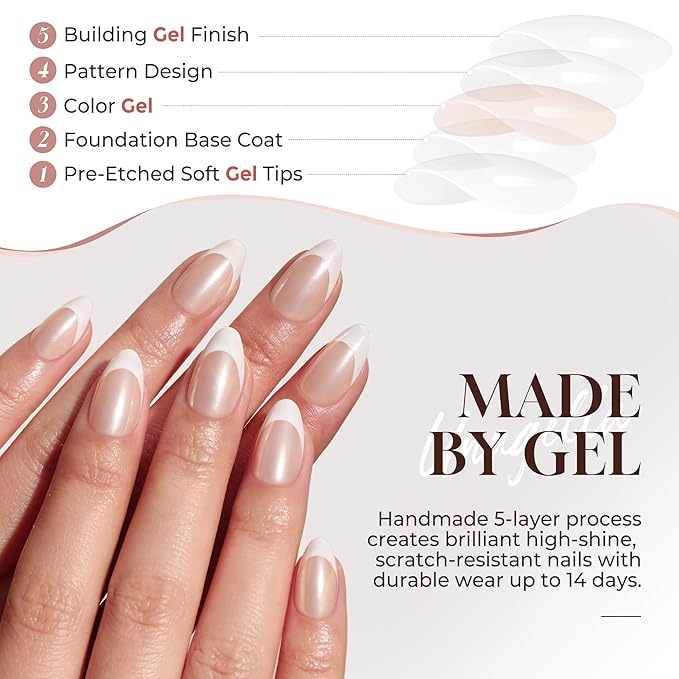 UNA GELLA Press On Nails: Almond French Tip Soft Gel Press Ons Short Kit with Nail Tips Glue on Nails, 16 Sizes - 32Pcs Reusable Chrome French Fake Nails Kit, Gift for Women