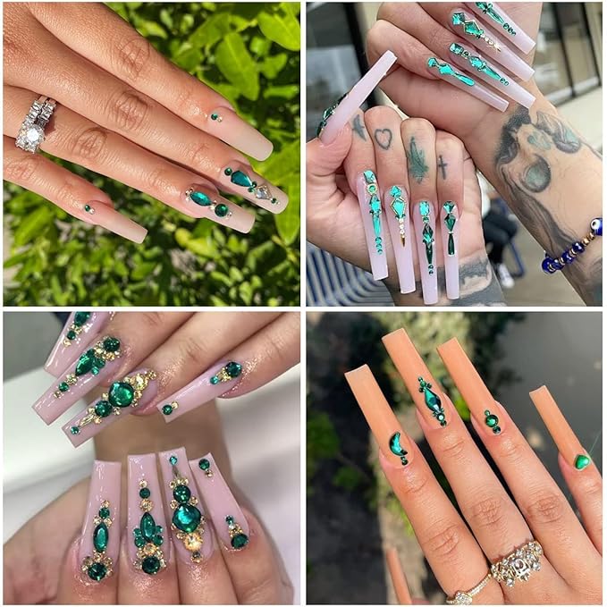 Green Nail Rhinestones Multi Shapes Emerald Green Rhinestones for Nails Flatback Nail Big Gems K9 Glass Round Beads Stones Diamonds Nail Charms Art for Nails Faces Eyes Crafts DIY