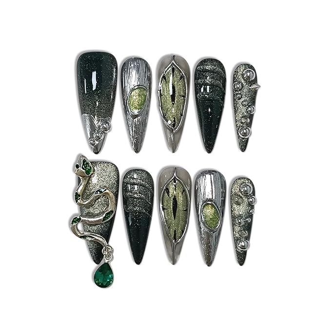 Punk Metal Press on Nails Long Stiletto,Black Silver Cat Eye Fake Nails with 3D Snake Gems, Acrylic Soft Gel Handmade False Nails with Rhinestone Steel Ball,Gothic Glue on Nails 10pcs(L)
