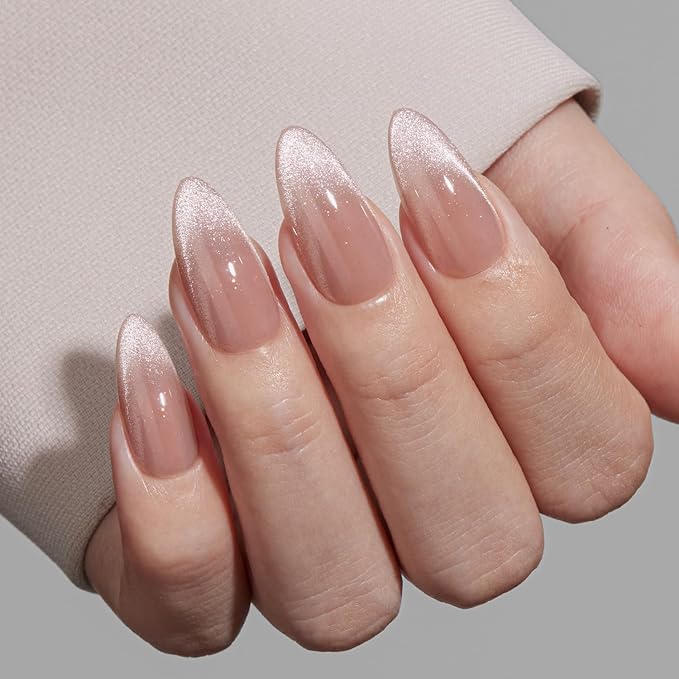 VSALON Press On Nails Almond, 32 Pcs 16 Sizes Cat Eye Press On Nails French Tip Nude Medium Sparkly Fake Nails With UV Glue Reusable Stick On Nails Semi-transparent Valentines Gift For Women