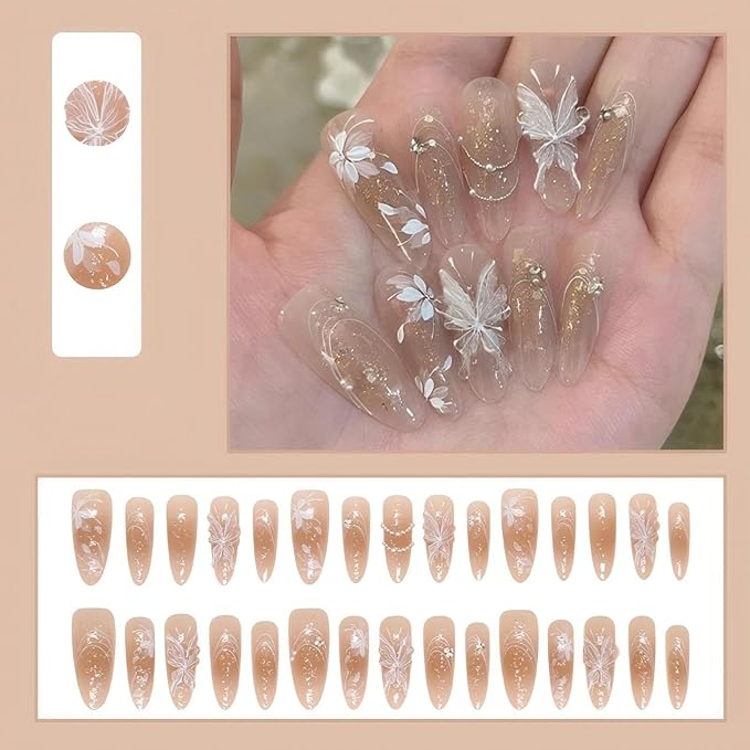 Winter 3D Butterfly Press on Nails Long Almond False Nails Press Ons Christmas White Floral Design Fake Nails Butterfly Stick on Nail Full Cover Acrylic Artificial Nails Gift for Women 24pcs