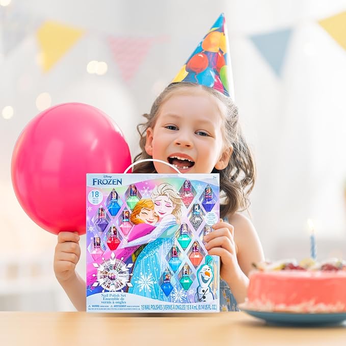 Disney Frozen Non-Toxic Peel-Off Nail Polish Set with Shimmery and Opaque Colors with Nail Gems for Girls Ages 3+, Perfect for Parties, Sleepovers and Makeovers, 18 Pc Set by Townley Girl