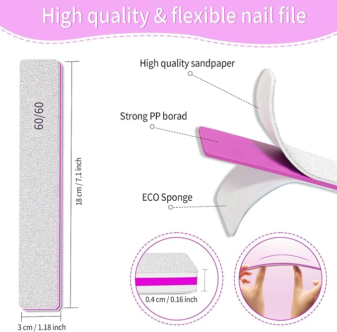 Professional 60/60 Grit Files for Gel and Acrylic Nails - Double Sided Washable Coarse Manicure Tool for Salon