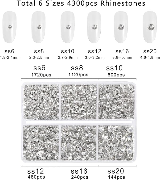 Beadsland 4300pcs Flatback Rhinestones,Clear Rhinestones Nail Gems Round Crystal Rhinestones for Crafts,Mixed 6 Sizes with Picking Tweezers and Wax Pencil Kit, SS6-SS20,Crystal