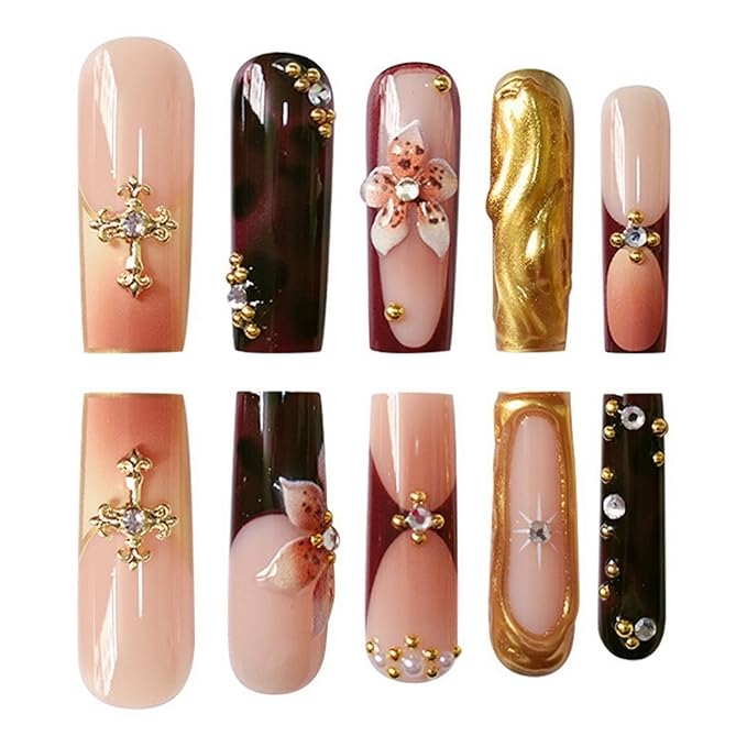 Long Square Press on Nails MABKJLF 3D Gold Curve Line Nails Floral Fake Nails French Tip False Nails with Rhinestones Leopard Print Designs Glossy Glue on Nails for Women Girls 24Pcs