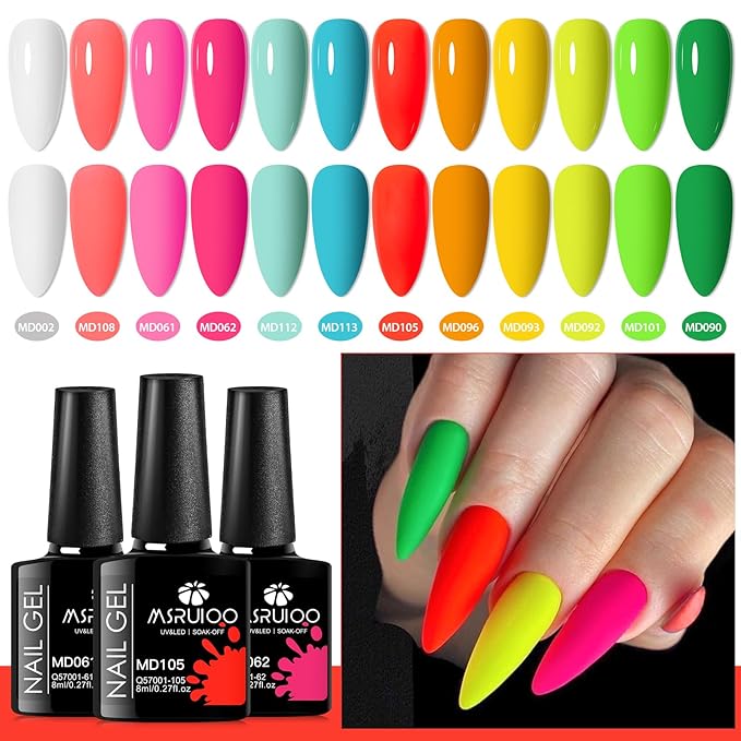 12Pcs Neon Gel Nail Polish Set Nude Gel Polish Set Pink Blue Rainbow Series Soak Off UV Nail Polish Manicure Kit