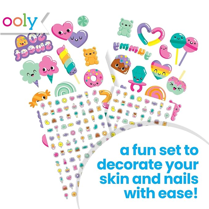 Ooly Set of 35 Sweet Shop Temporary Tattoos and 192 Nail Stickers for Kids, Non-Toxic, Safe Child Tattoos, Party Favors, Goodie Bag Stuffers Gifts for Kids, Birthday Decorations for Girls Ages +3