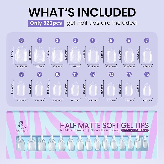 BTArtbox Extra Short Almond Nail Tips - 320pcs Half Matte Soft Gel Tips, Acrylic Pre-Shaped Fake Nails, Clear Ultra Fit & Natural False Nails for Nail Art, 16 Sizes