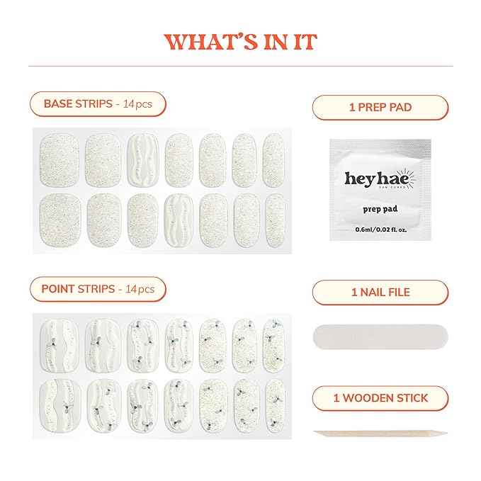Heyhae Semi Cured Gel Nail Strips | No LED Lamp Needed | Glitter, White | Easy Apply & Remove, Salon Quality Includes 28 Strips, 1 Prep Pads, Nail File & Wooden Stick - Hey, It's Enchanted Glow