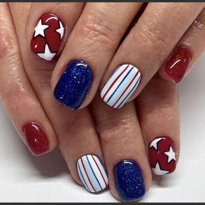 Independence Day Press on Nails Short Square Fake Nails with Star Designs Glossy Red Blue False Nails Lines Stick on Nail Reusable Full Cover 4th of July Acrylic Nail for Women Girls Manicure 24Pcs