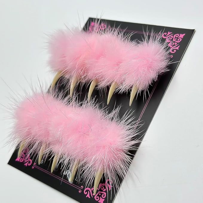 Halloween Press on Nails Luxury Medium Stiletto Handmade Eagle Claw Unique Reusable ABS Material Curved Fake Nails Dragon Cat Claw False Nails with Pink Fur Glossy Glue on Nail Thick Acrylic Nail(M)