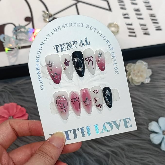 Hot Pink Press On Nails Almond Glitter Gradient White Black Almond Press on Nails Acrylic False Nails With Star Bow Designs 10pcs/Box Ballet Fake Nails Glue On For Women Girls(S)