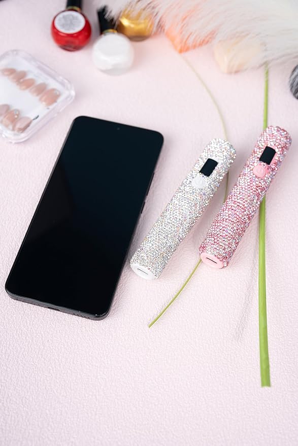 3W Portable LED Nail Lamp with Sparkly Rhinestones, Handheld UV Light, Wireless Rechargeable USB Nail Dryer with Silicone Stamper, LCD Display Screen for Fast Curing Home DIY Manicure Pink