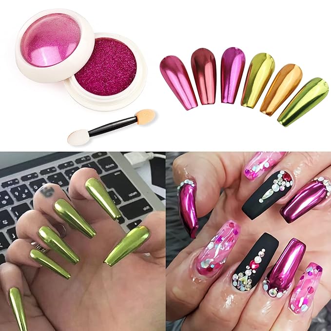 6 Box Chrome Nail Powder, Chrome Effect Nail Powder Set, Shiny Nail Glitter Powder with Magic Mirror Effect for Nail Art Design Decoration(Fluorescent Color Series)