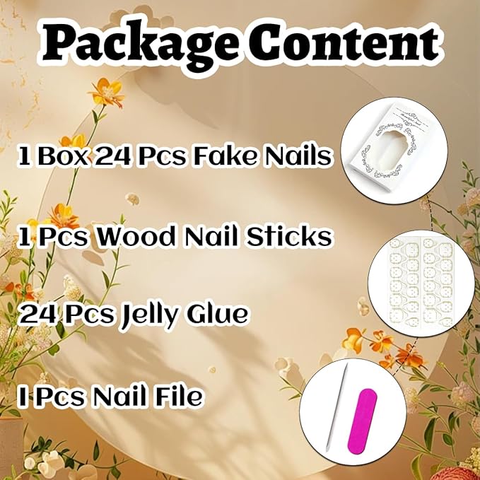 24Pcs Gold French Tip Press on Nails Medium Almond Fake Nails 3D Pearl Sun Star Acrylic Nails Gold Beads Full Cover French Tip False Nails Glossy Chrome Glue on Nails Reusable Stick on Nails for Women
